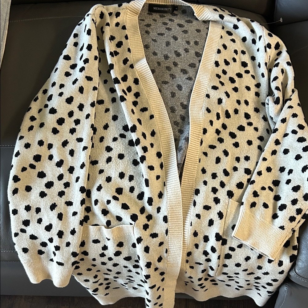 MEROKEETY Women's Black and White Polka Dot Cardigan